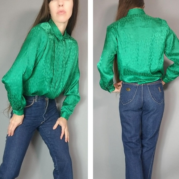 Vintage 80s 90s Emerald Green 💚 Blouse Festive Holiday s m - Picture 3 of 7